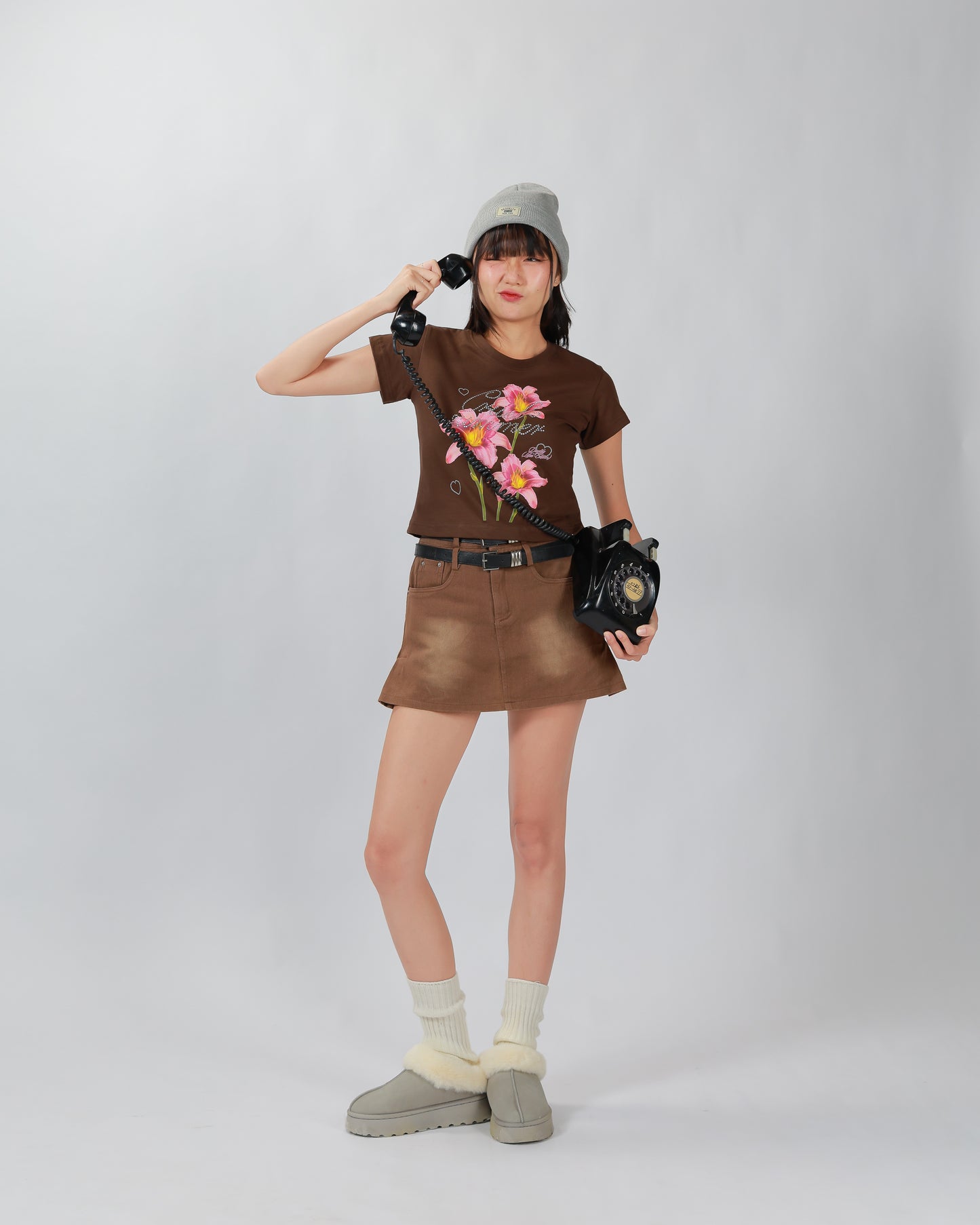 COWY SKIRT(2 BELTS) - BROWN